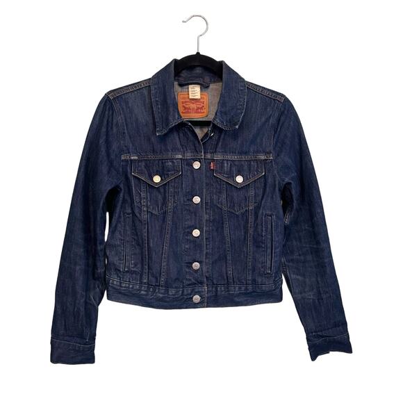 Levis Jean Jacket Womens Small Blue Denim Trucker Cropped Long Sleeve Button Up - Picture 1 of 9